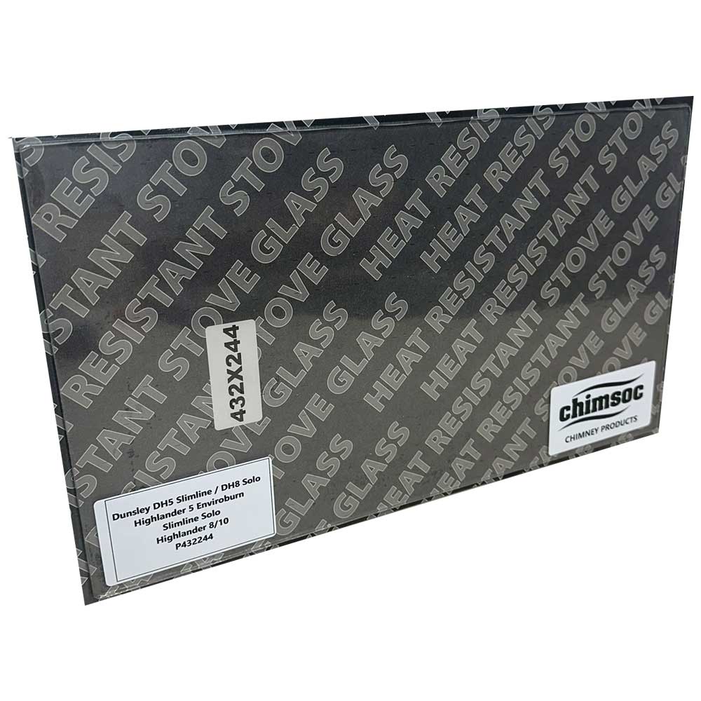 Replacement Stove Glass - Dunsley DH5 Slimline / DH8 Solo / Highlander 5 Enviroburn Slimline Solo / Highlander 8/10 Single Door (432mm x 244mm Rectangular)